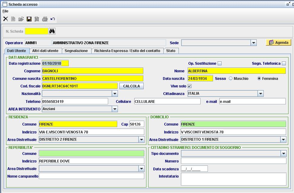 1 DATI UTENTE Al momento della creazione, la scheda si apre mostrando la maschera DATI UTENTE, l operatore deve inserire tutte le informazioni presenti sul modulo sottoscritto dal cittadino: