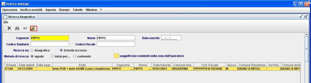 B) RICERCA SCHEDA ACCESSO Se l operatore avesse necessità di verificare il corretto salvataggio della Scheda o il suo contenuto, deve richiamare la Scheda inserendo il nominativo del cittadino e