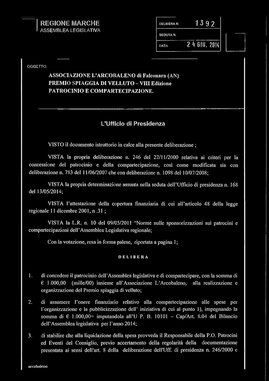 246 del 22/11/2000 relativa ai criteri per la concessione del patrocinio e della compartecipazione, così come modificata sia con deliberazione n. 783 dei 11/06/2007 che con deliberazione n.