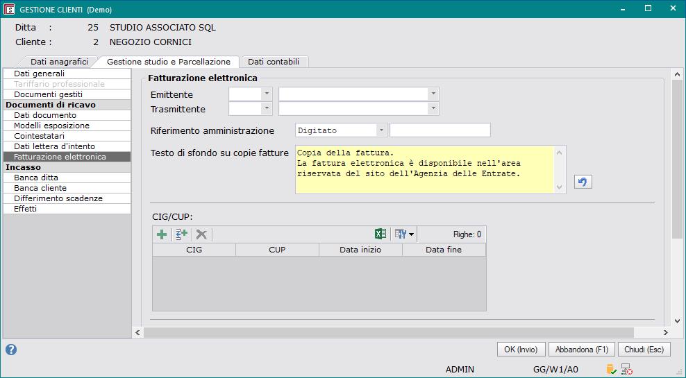 automatico sui clienti nuovi) 4) Nel tab Gestione Studio e Parcellazione sezione Fatturazione