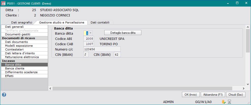 5) Nel tab Gestione Studio e Parcellazione sezione Banca ditta è possibile memorizzare