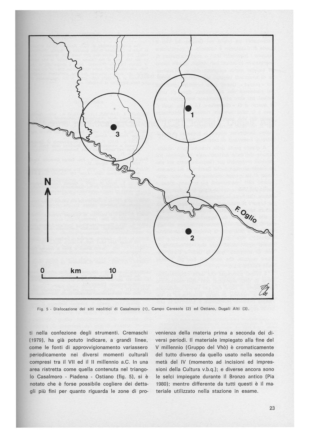 N o I km 10 I Fig. 5 - Dislocazione dei siti neolitici di Casalmoro (1), Campo Ceresole (2) ed Ostiano, Dugali Alti (3). ti nella confezione degli strumenti.