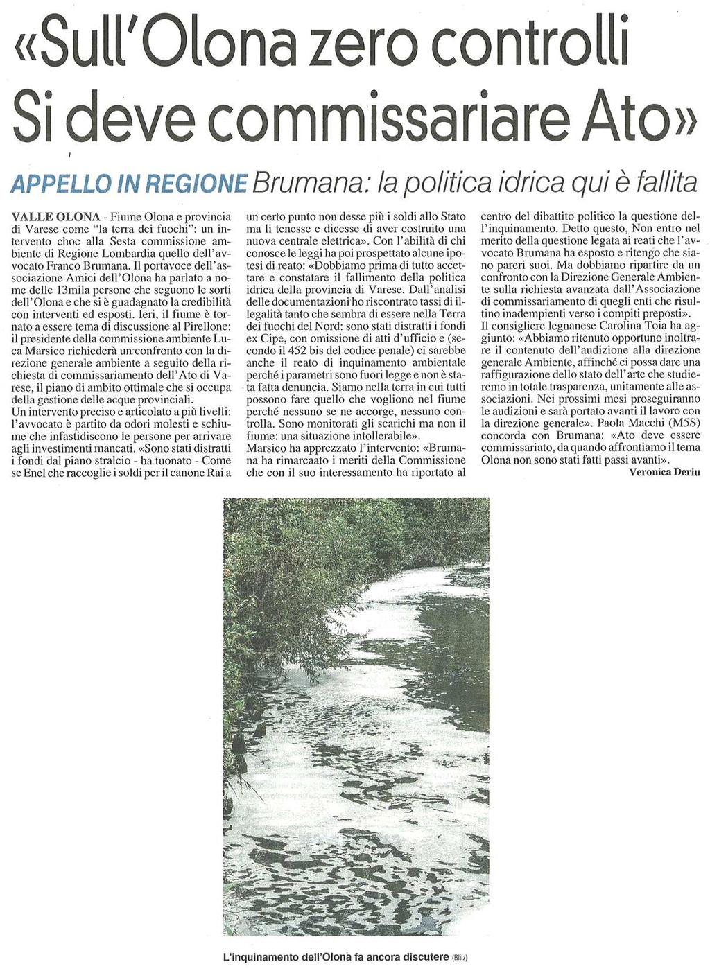 "SULL'OLONA ZERO CONTROLLI SI DEVE COMMISSARIARE ATO" Appello in Regione / Brumana: la politica idrica qui è