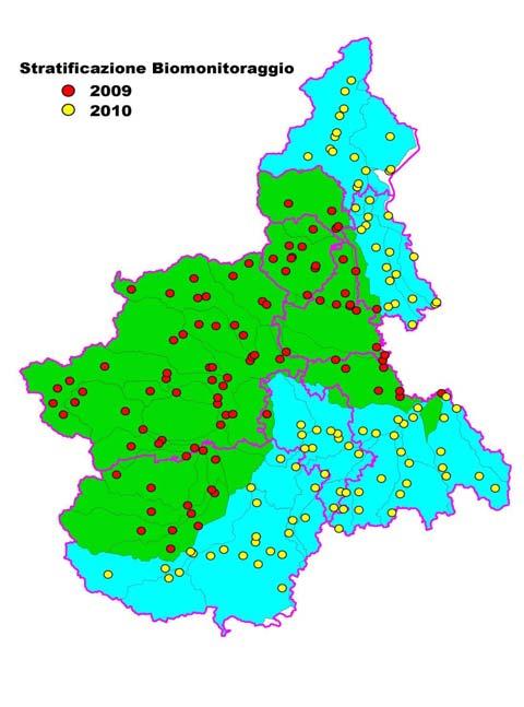 In verde: asta Po e aree idrografiche degli affluenti che confluiscono a monte del Tanaro; i punti ricadenti in questo sottoinsieme sono stati oggetto di monitoraggio biologico nel 2009 In azzurro: