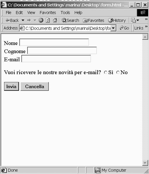 HTML: input altri elementi possono essere creati con il tag <input> e valori diversi dell attributo type type="text" type="checkbox" type="radio" type="hidden" type="password" type="file" <input