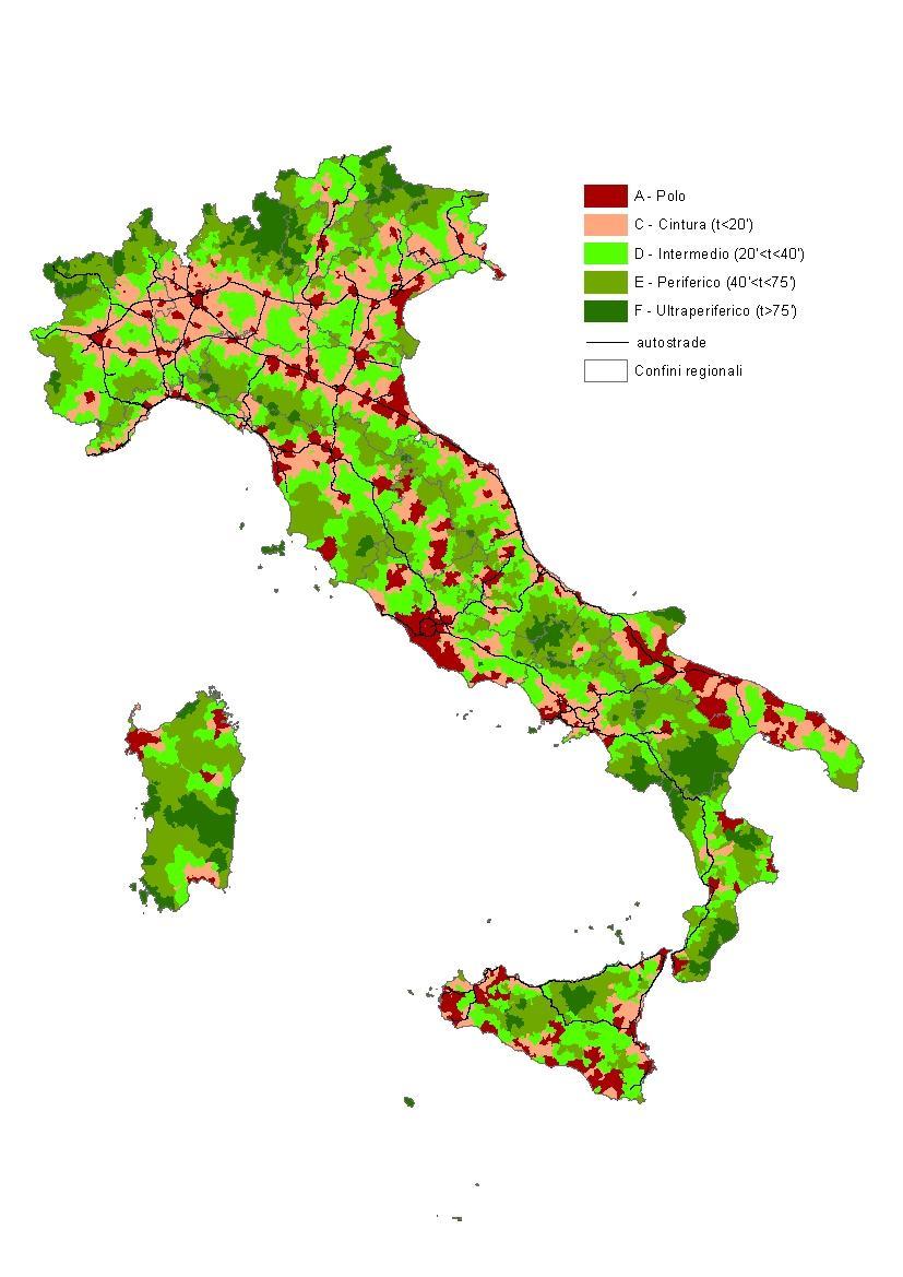 Figura 2 Mappe dei comuni italiani secondo la classificazione in Poli e aree a diverso grado di perifericità rispetto ai