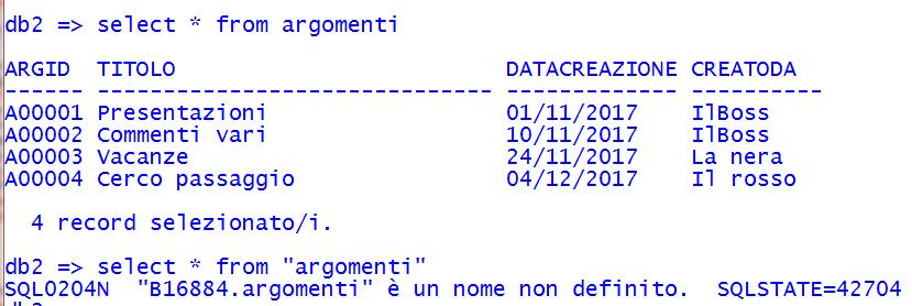 CLP: alcune cose utili da ricordare Si avvia in modo interattivo (promptdb2 =>) Per passare al modo comando: QUIT Per tornare in modo interattivo, con il terminatore ; : DB2 t Altrimenti per scrivere