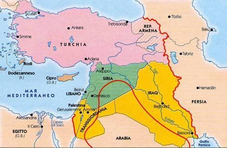 La spartizione dell ex Impero Ottomano: in giallo i territori sotto protettorato britannico,