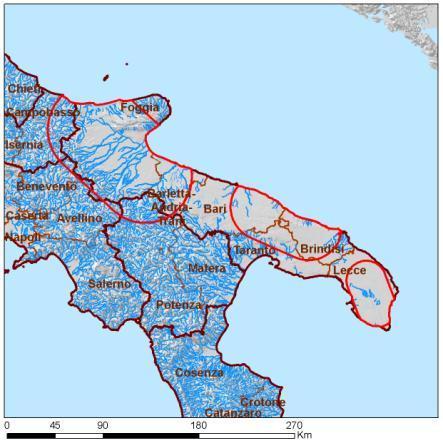 Localizzazione dell area di studio direttrici a 150 kv tra Brindisi e Galatina e nell aerea a sud di Lecce.