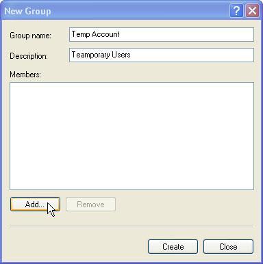 Immettere le seguenti informazioni: Nome del Gruppo: Temp Account Descrizione: Utenti