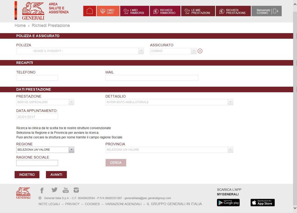 Figura 14b Layout sezione Dati Prestazione dell area Richiedi prestazione.