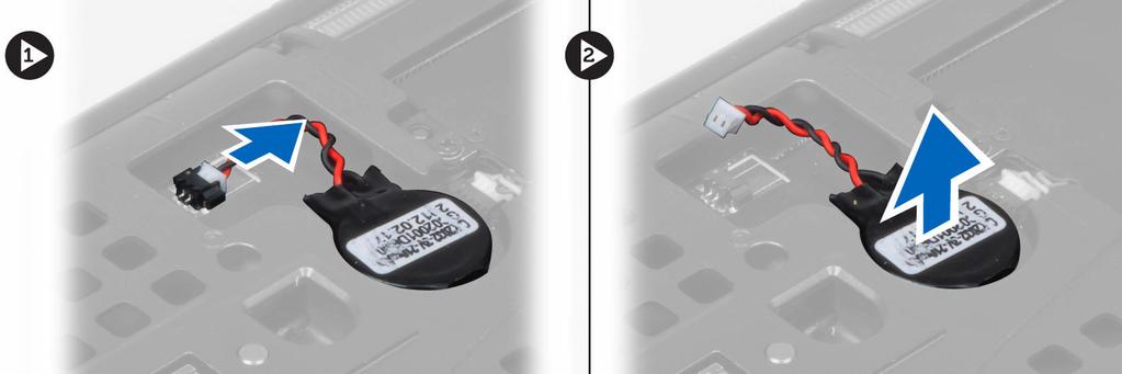 Seguire le procedure descritte in Prima di effettuare interventi sui componenti interni del 2. Rimuovere: a. batteria b. coperchio della base 3. Scollegare il cavo della batteria a bottone.