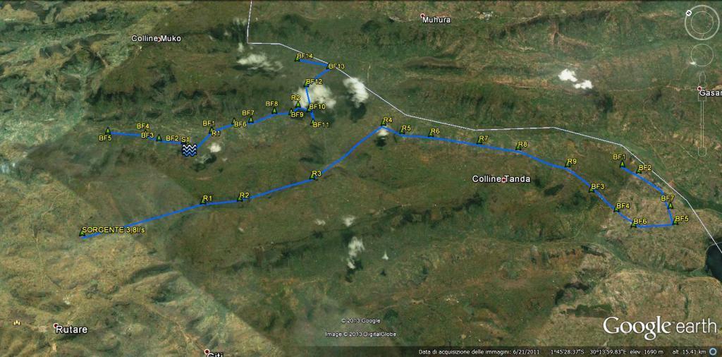 L insieme dei 2 acquedotti situati uno a fianco dell altro, in alto CYAMUHINDA-KAGOGO, mentre in basso BURERANYANA-RUZIZI Stima dei costi: Riabilitazione e sostituzione del 60% di 30 Km della