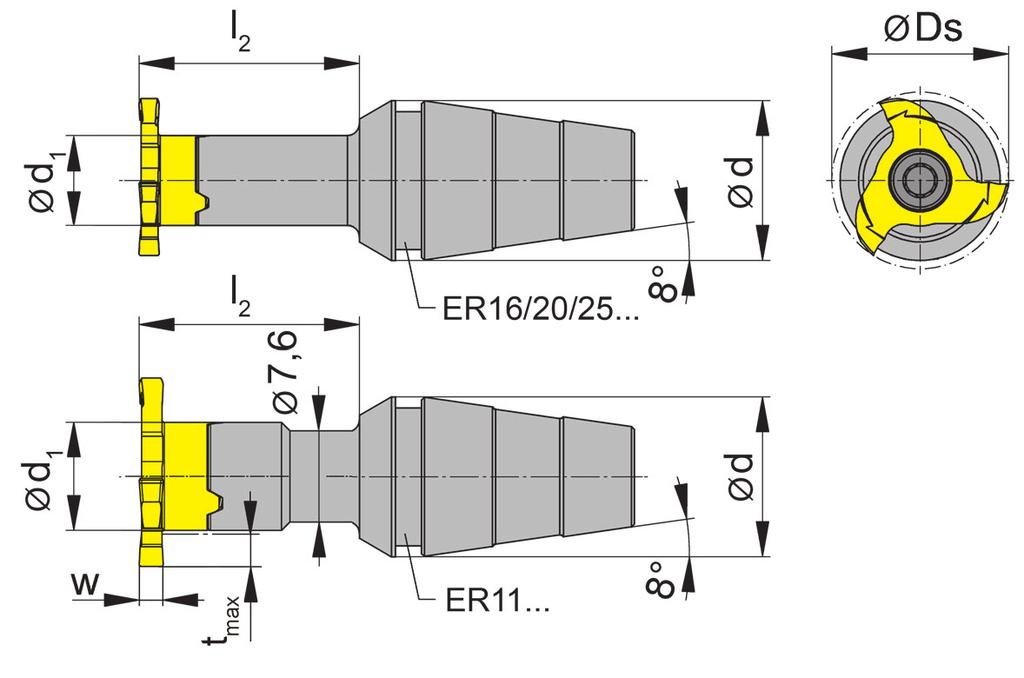 6499 Autres dimensions sur demande Dimensioni differenti sono fornibili su richiesta w, Ds, tmax voir plaquettes w, Ds, tmax vd. Inserti Note: L écrou de serrage est vendu séparément!