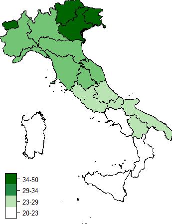 La partecipazione alla previdenza complementare è molto differenziata a livello territoriale Forme pensionistiche complementari Tasso di partecipazione per regione.