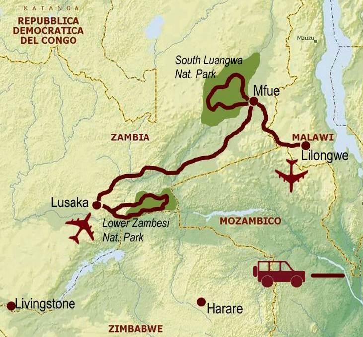 Itinerario previsto: Sistemazioni previste o similari: Lusaka: Sandy s Creations Lodge Chiawa Game Management Area: Kiambi Safari lodge Petauke: Chimwemwe Executive lodge South Luangwa National Park: