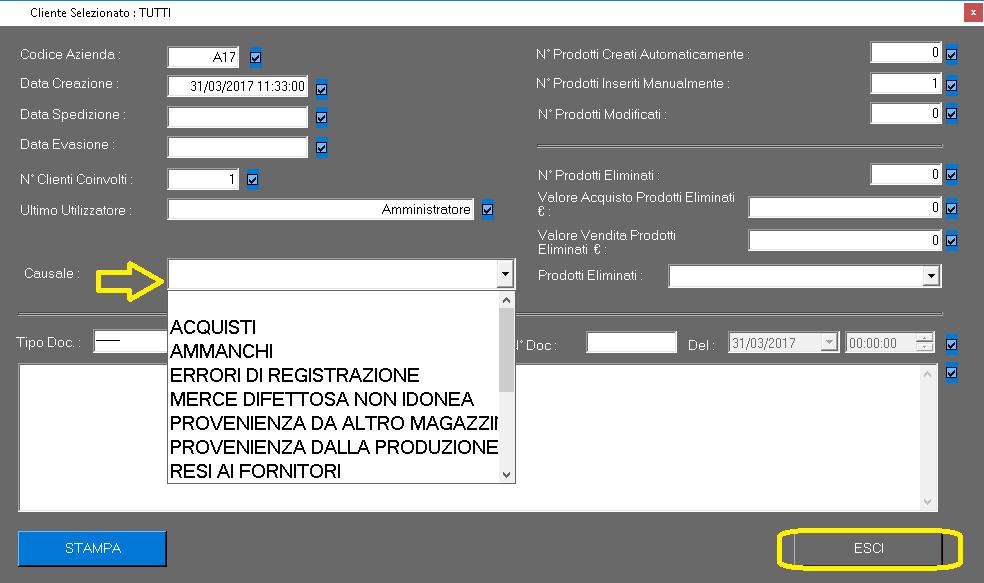 Inserita la CAUSALE faccio click su ESCI ESCI e SPEDISCI NOTA BENE : LE CAUSALI CHE SI UTILIZZERANNO NEGLI ORDINI IN SPEDIZIONE SARANNO SEMPRE ACQUISTI PER GLI ORDINI ESEGUITI VERSO I MAGAZZINI