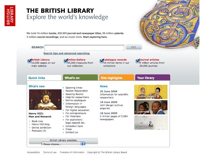 British Library http://www.bl.uk Maschera di ricerca semplice in posizione centrale, simil Google.