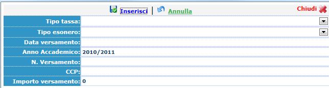 Come per la Gestione Esami, abbiamo, in maniera molto semplice, la possibilità di modificare, eliminare (sempre che non siano già stati inseriti dal Conservatorio) inserire le Tasse e visualizzare