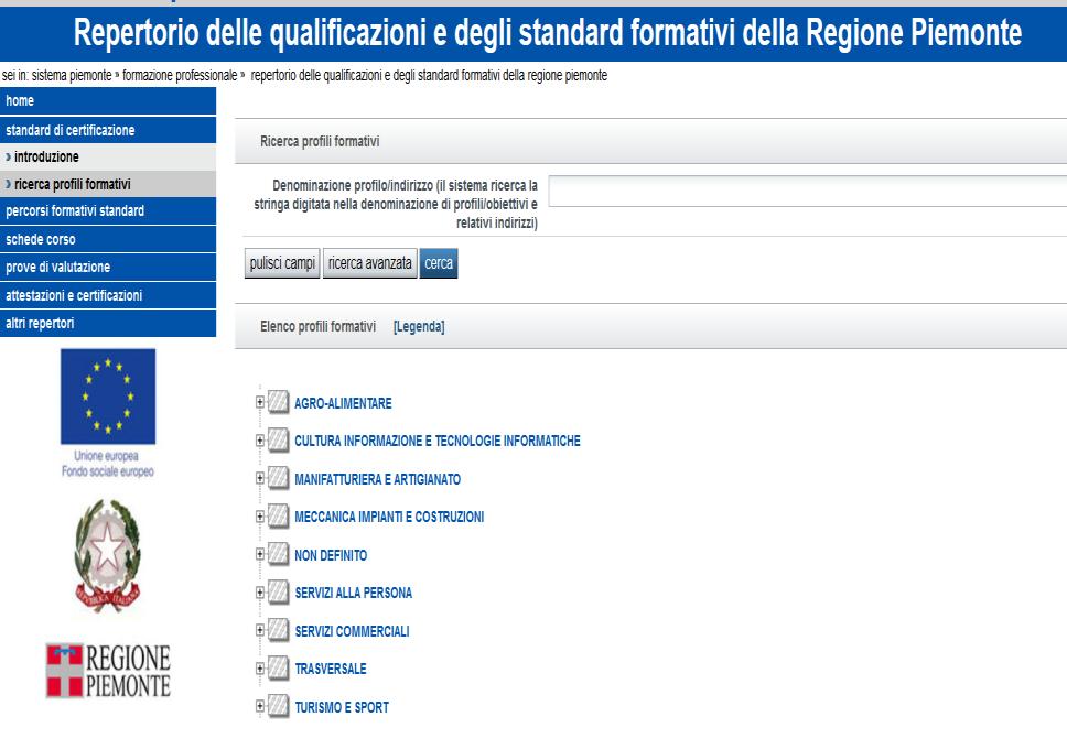 Repertorio dei profili professionali e competenze Il repertorio contiene le «qualificazioni degli standard formativi della Regione Piemonte».