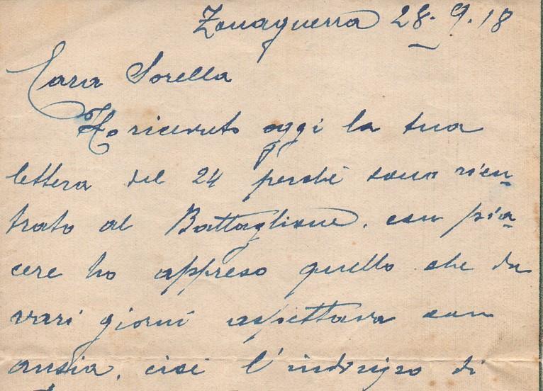 Chi: Eduardo Ciliendo. Cosa: lettere private alla sorella Maria Ciliendo. Quando: 28 settembre 1918 e 8 ottobre 1918.