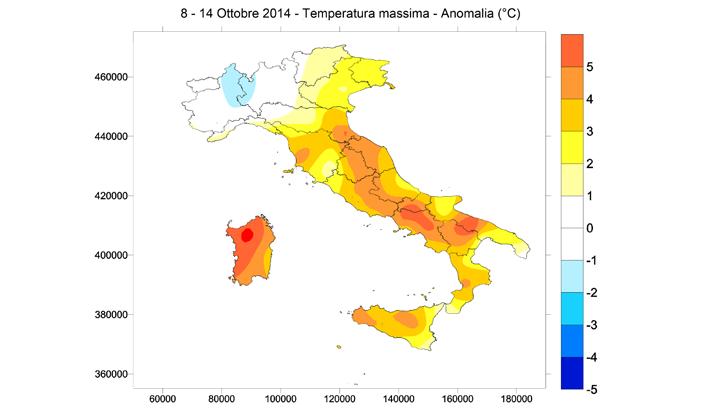 Fig. 2 - Precipitazioni cumulate nel periodo in esame. Fig. 2 Total precipitation for the analyzed period. Fig. 3 anomalia della temperatura massima nel periodo in esame rispetto alla media 1993-2010.