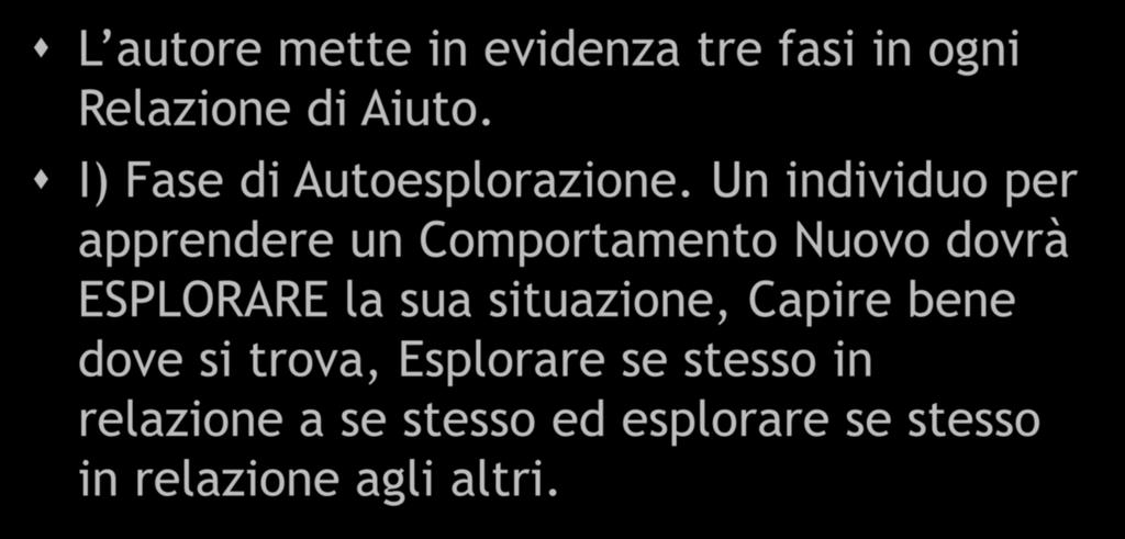 ROBERT CARKHUFF III L autore mette in evidenza tre fasi in ogni Relazione di Aiuto. I) Fase di Autoesplorazione.