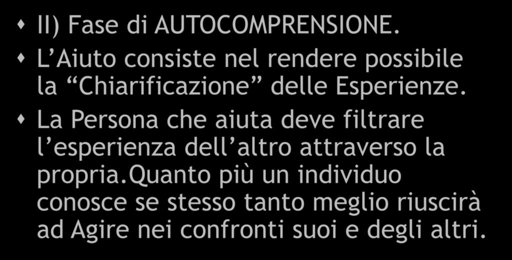 ROBERT CARKHUFF V II) Fase di AUTOCOMPRENSIONE. L Aiuto consiste nel rendere possibile la Chiarificazione delle Esperienze.