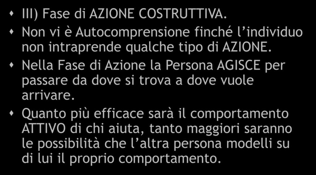 ROBERT CARKHUFF VI III) Fase di AZIONE COSTRUTTIVA. Non vi è Autocomprensione finché l individuo non intraprende qualche tipo di AZIONE.