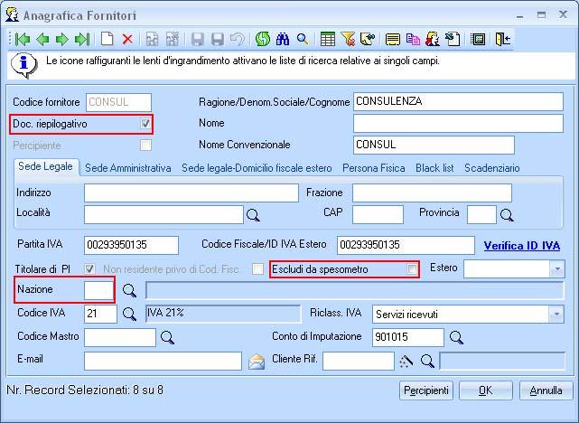 Anagrafica clienti e fornitori I seguenti parametri impostati in anagrafica clienti e fornitori determinano il comportamento della funzione di esportazione al modulo dichiarativo: Nazione: la