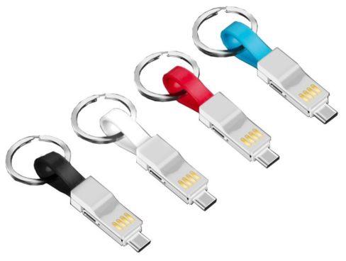 AM-CH-32 CAVETTO CARICABATTERIE Cavetto caricabatterie keyring per smartphone USB to micro USB, iphone 5/6 e type C (funzione di trasferimento dati opzionale).