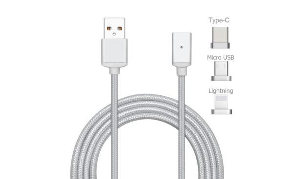 CARICABATTERIE MAGNETICO Cavetto caricabatterie per smartphone USB to micro USB, iphone 5/6 e type C in metallo e corda colorata con attacco magnetico.