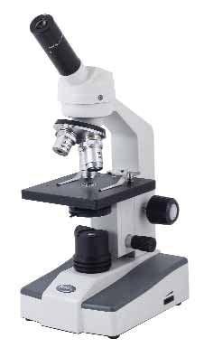 Microscopi didattici, Serie F - Testata monoculare, inclinata 5, con rotazione 60 - Oculari largo campo WF0X/8 mm - Revolver portaobiettivi quadruplo - Obiettivi acromatici DIN X, 0X, 0X S - Sistema