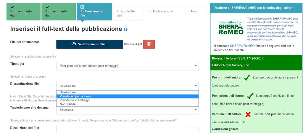 3. Caricamento pdf In questo caso, l Editore consente la pubblicazione in open access di