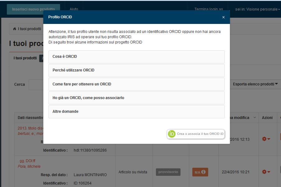 3. Creare/Associare ORCID ID Dopo il login in IRIS si apre un pop-up.