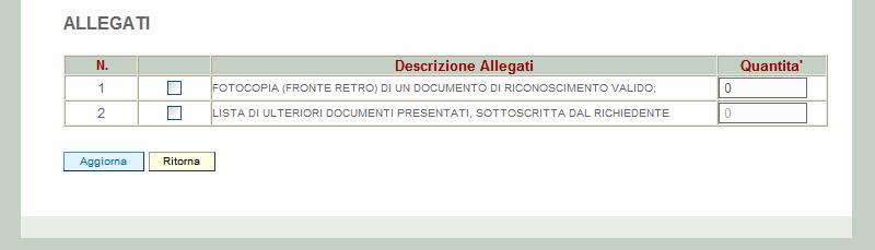 QUADRO ALLEGATI A Nel quadro occorre spuntare la documentazione che si allega alla domanda di aiuto.