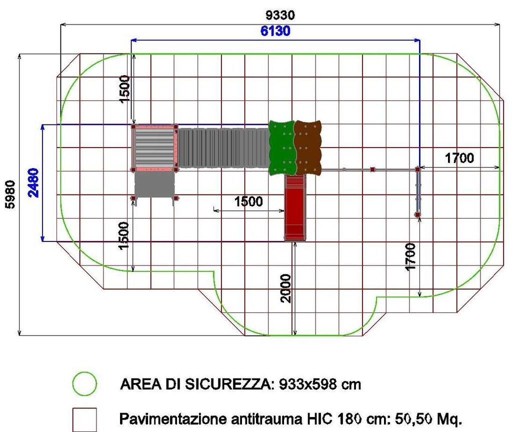 2 SCHEMA PAVIMENTAZIONE ANTITRAUMA Area di impatto minima: 50,50 mq Altezza massima di caduta: 180 cm Pavimentazione antitrauma necessaria:50,50 mq certificato HIC minimo 180 cm Tipologie