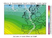FIGURA 6: geopotenziale a 5 hpa del mese di Aprile nell anno 25 (a sinistra) e del mese di Aprile nel periodo climatico 1957-22 (a destra).