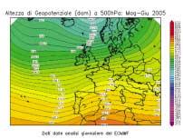 FIGURA 8: geopotenziale a 5 hpa dei mesi da Maggio a Giugno nell anno 25 (a sinistra) e dello stesso periodo bi-mensile nel periodo climatico 1957-22 (a destra).