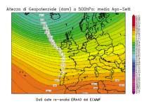 FIGURA 13: geopotenziale a 5 hpa dei mesi da Agosto a Settembre nell anno 25 (a sinistra) e dello stesso periodo bi-mensile nel periodo climatico 1957-22 (a destra).