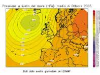 FIGURA 16: pressione a livello del mare del mese di Ottobre nell anno 25 (a sinistra) e del mese di Ottobre nel periodo climatico 1957-22 (a destra).