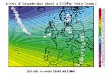 FIGURA 1: geopotenziale a 5 hpa del mese di Gennaio nell anno 25 (a sinistra) e del mese di Gennaio nel periodo climatico 1957-22 (a destra).