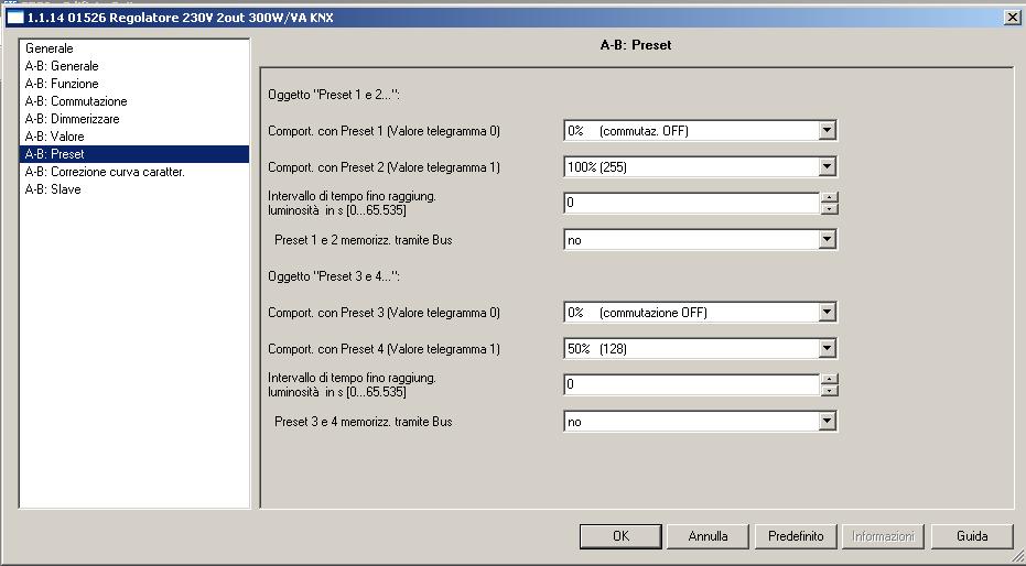 Parametri A/B - Preset Compare se abilitato il parametro "Abilitare funzione Preset 1bit" nella voce "A/B funzione". Serve per gestire gli scenari da 1 bit per dispositivi KNX datati. Comportam.