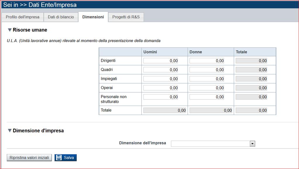 Pagina «Dimensioni» Se le categorie di U.L.A.