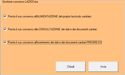 Gestisci consenso Questa funzione abilita il consenso ad inviare / visualizzare i dati del paziente all'fse (fascicolo sanitario elettronico) E' possibile abilitare varie opzioni per impostare il