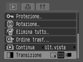 + Modifica delle transizioni delle immagini È possibile scegliere tra tre effetti di transizione quando si alternano le immagini in modalità di riproduzione di singole immagini.