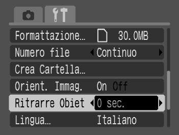 Modifica delle funzioni di scatto Modifica del tempo di ritiro dell'obiettivo Per ragioni di sicurezza, l'obiettivo rientra circa 1 minuto dopo il passaggio alla modalità di riproduzione.