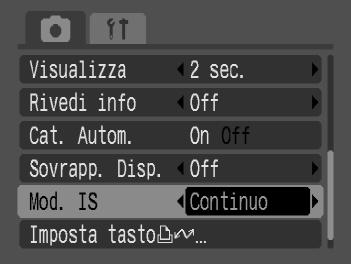 Modifica delle funzioni di scatto Modifica della stabilizzazione dell'immagine (Mod. IS) 124 Selezionare [Mod. IS], quindi premere i pulsanti qr per selezionare un'impostazione.
