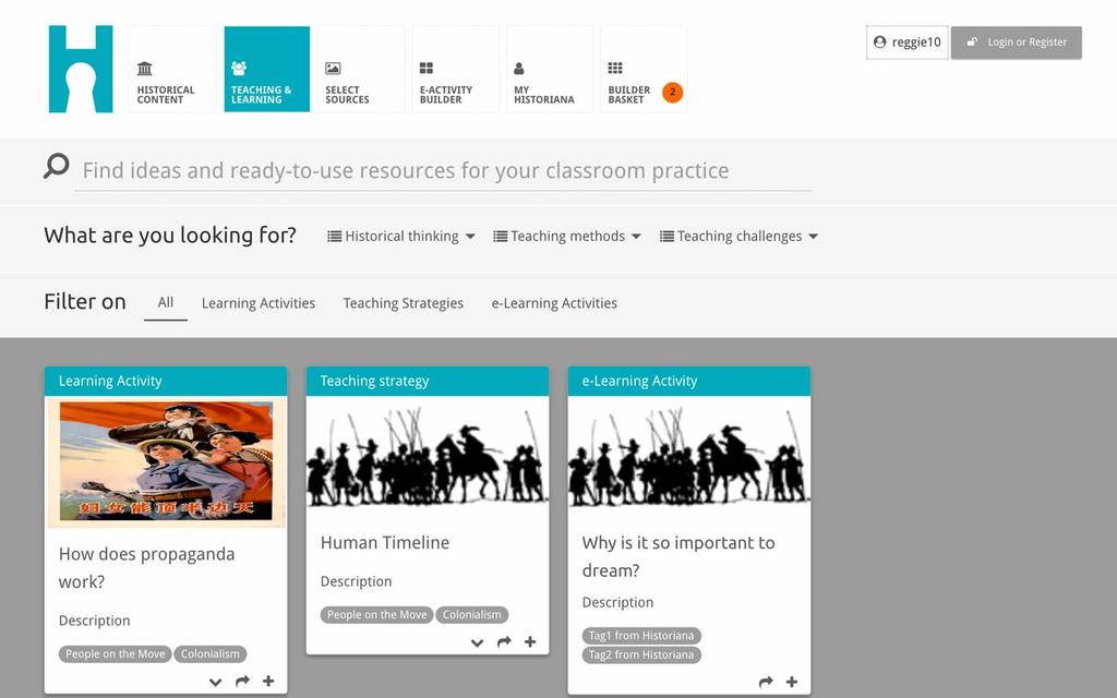 La sezione teaching and learning consente agli utenti di navigare in Historiana in base