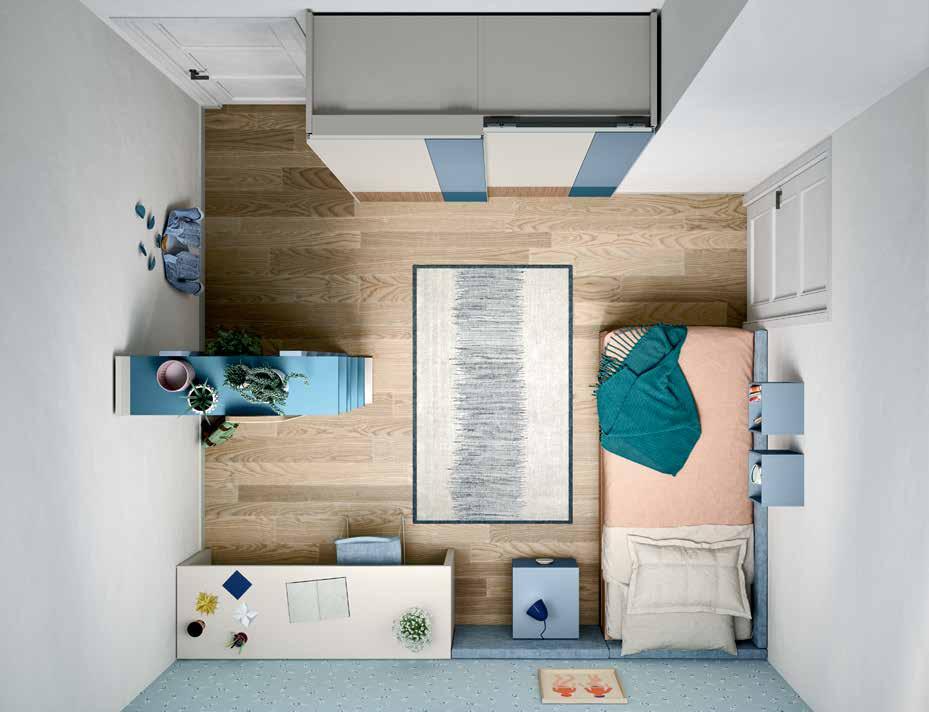 SPACE 3 SPACE 3 nuvola mirtillo denim nocciolo Griff T387 Dimensioni stanza Room dimensions in cm 395 x 382 1. casellari / wall units Tynn 30 x 36,6 x 25 2.